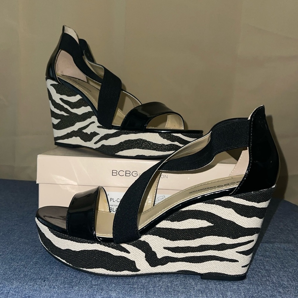 BCBGeneration zebra platform heels with elastic criss-cross straps